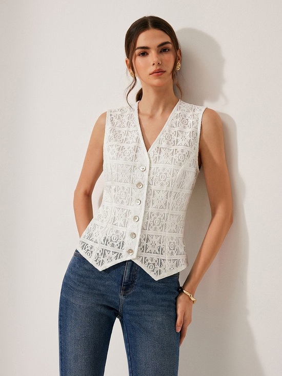 Commense Tops - COMMENSE Sleeveless White Lace Button-Front Vest Top